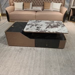 Contemporary Marble-Top Storage Coffee Table with Natural Wood Veneer Accents